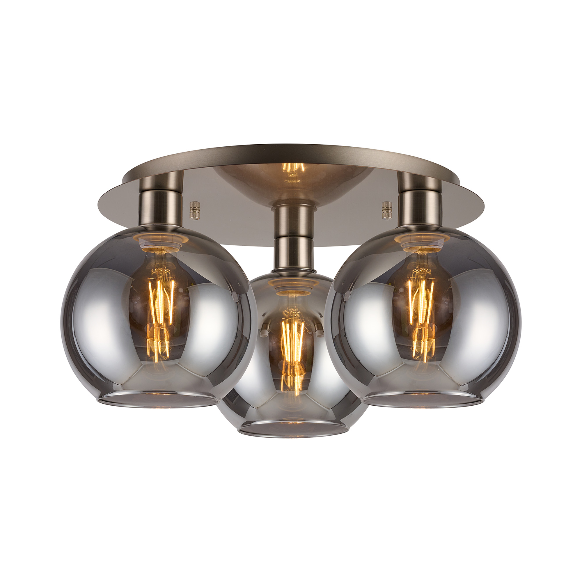 DK1429  Lori 40cm Round Ceiling Flush, 3 Light Flush Fitting, Satin Nickel/Smoke Open Mouth Round Globe Shades